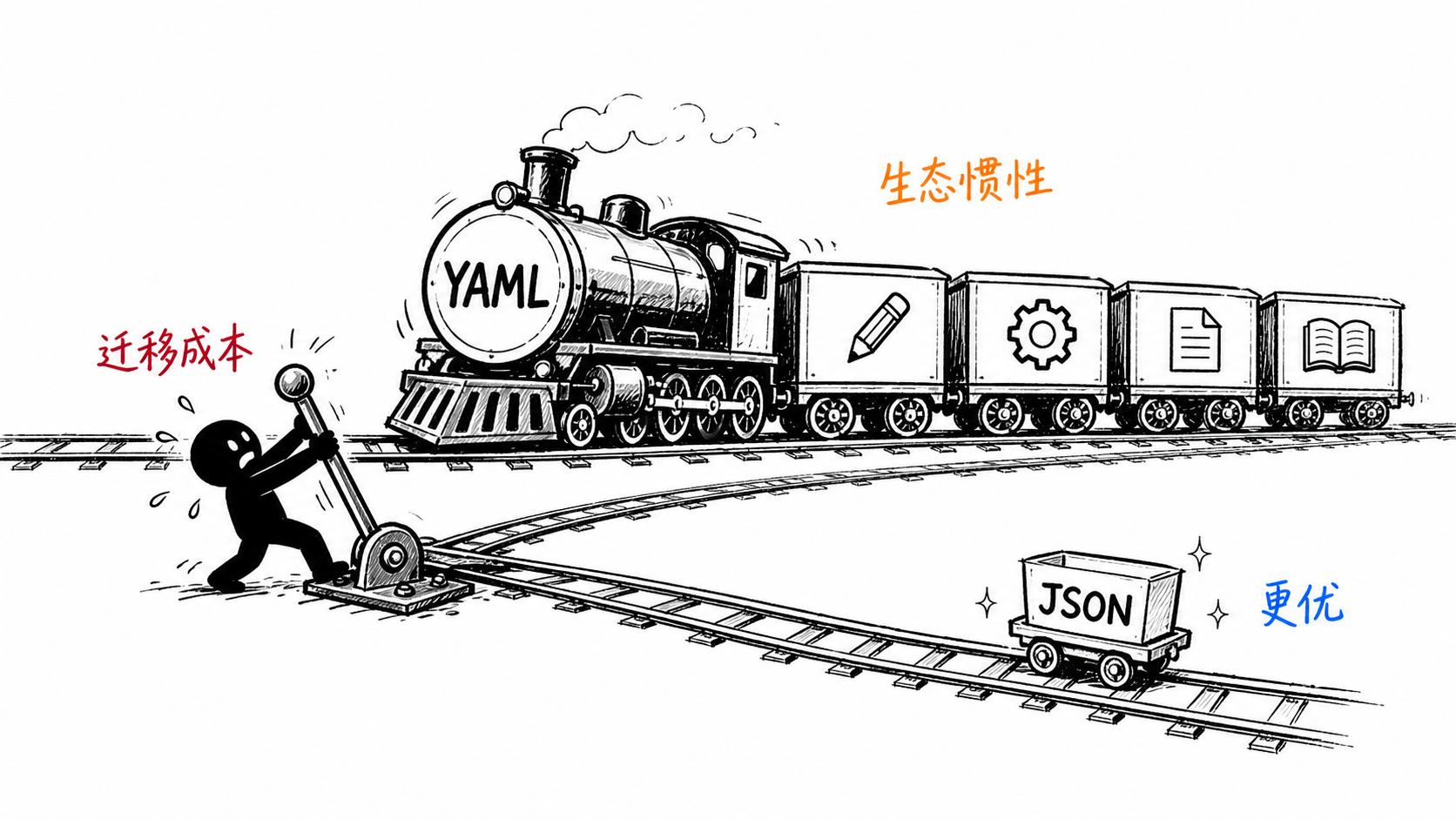 小黑用力扳动被 YAML 生态列车压住的铁路道岔，JSON 小车停在标注“更优”的新轨道上，表现迁移成本与生态惯性让更好的技术标准未必胜出